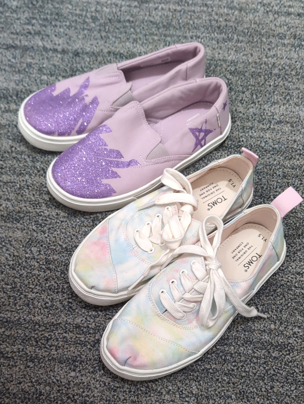 NEW Toms Lavender Glitter Slip-Ons Sz 1 & Pastel Tie-Dye Lace-Up Sneakers Sz 1.5